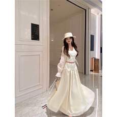 批发实拍法式气质收腰绣花蕾丝上衣+大摆半身裙长裙套装女