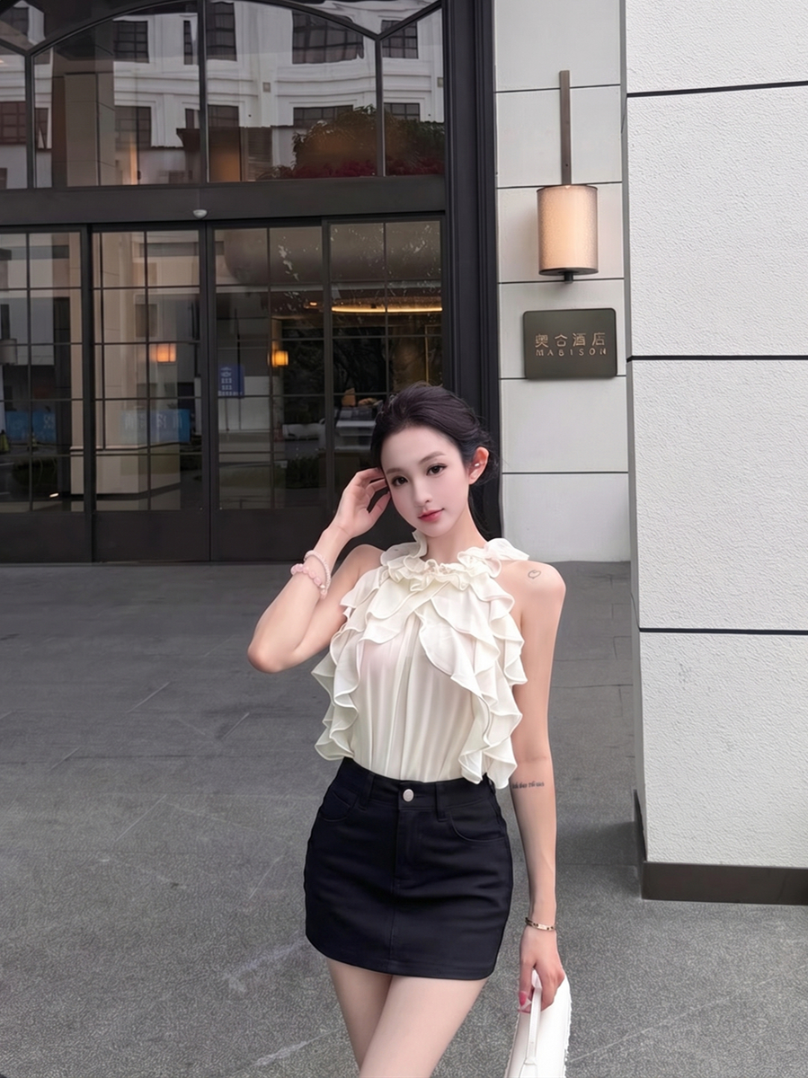 실사 여름 섹시함 다중 레이어 프릴 마이크로 ~을 통해 민소매 쉬폰 블라우스 하이웨이스트 슬림해 보이는 타이트 스커트 반신 치마바지 여성
