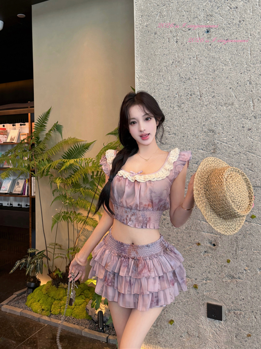 실사 여름 섹시함 히아신스 보라색 꽃무늬 허리 수축 명중 가져 가라. 맨위 케이크 치마바지 반신 치마 세트 여성