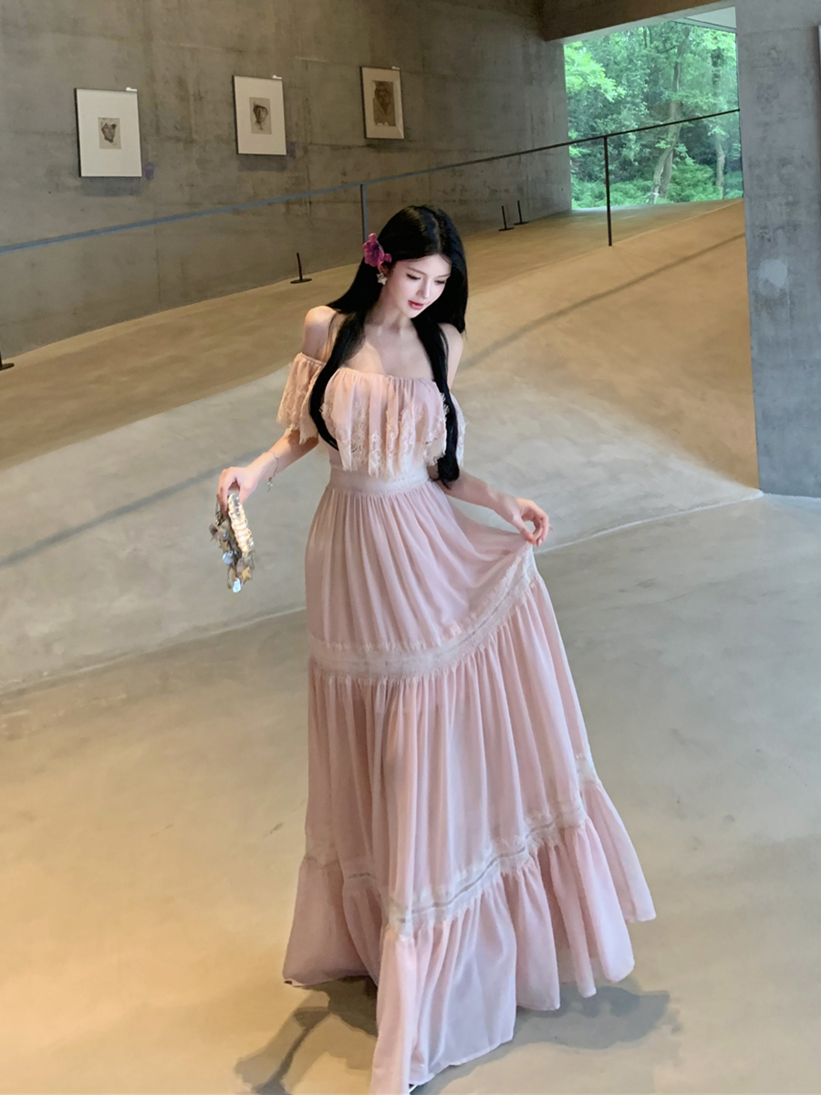 실사 여름 홀로우 아웃 레이스 조각 오프숄더 드레스 롱 스커트 여성