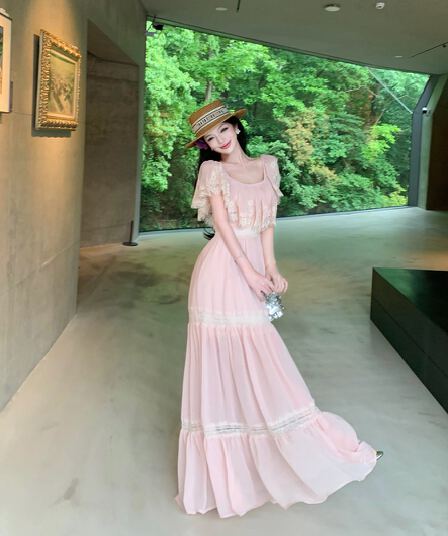 실사 여름 홀로우 아웃 레이스 조각 오프숄더 드레스 롱 스커트 여성
