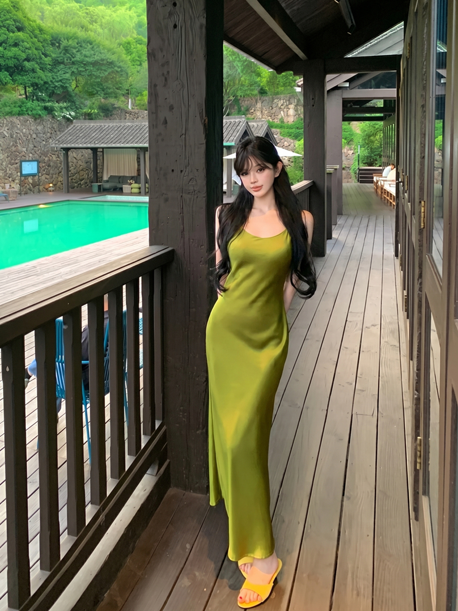 실사 여름 레트로 섹시함 V넥 고급 센스 슬림해 보이는 아세트산 슬립 드레스 롱 스커트 여성