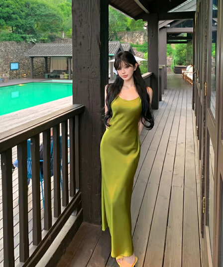 실사 여름 레트로 섹시함 V넥 고급 센스 슬림해 보이는 아세트산 슬립 드레스 롱 스커트 여성