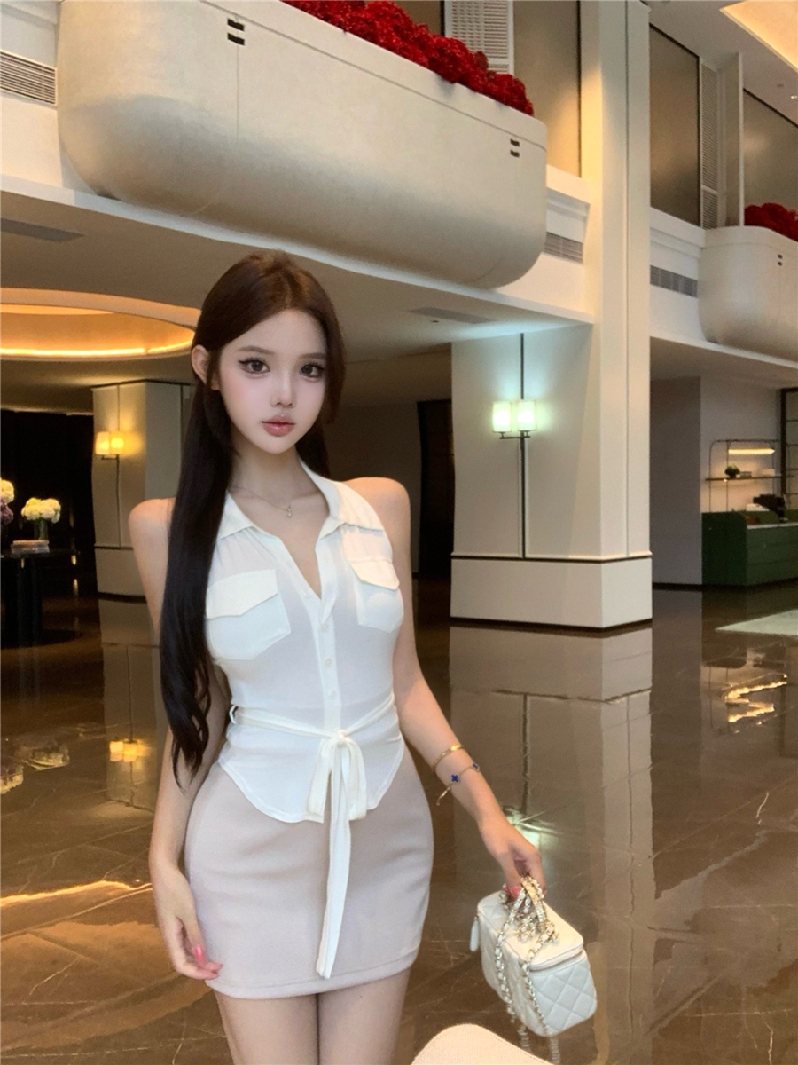 RY6526# 实拍夏季复古性感修身显瘦无袖超柔针织上衣高腰包臀半身裙套装...
