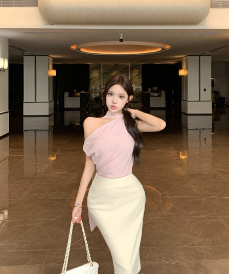 실사 여름 섹시함 출퇴근 리본 민소매 쉬폰 톱 하이웨이스트 타이트 스커트 반신 치마 세트 여성