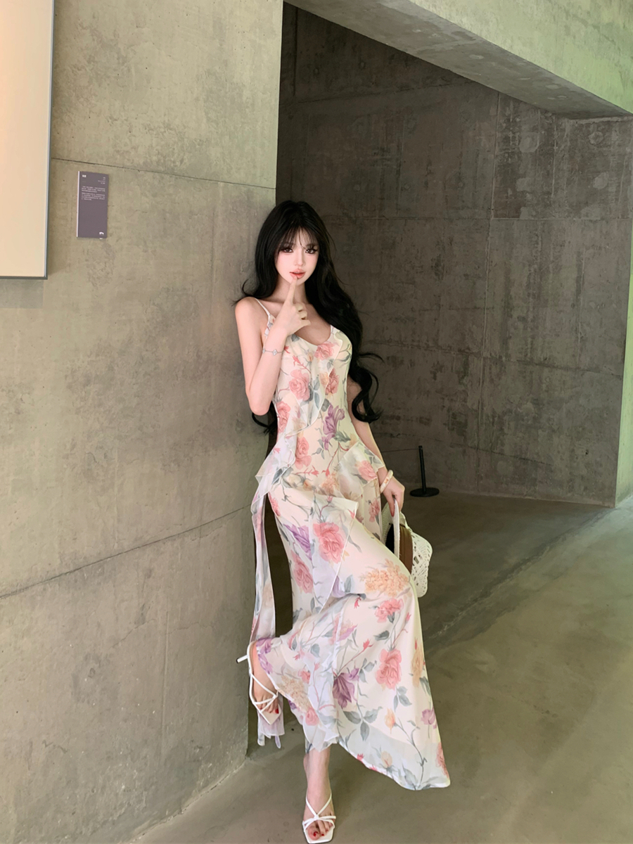 실사 여름 레트로 섹시함 V넥 해변가 휴가 착용 가져 가라. 꽃무늬 허리 수축 슬립 슬림해 보이는 드레스 롱 스커트 여성