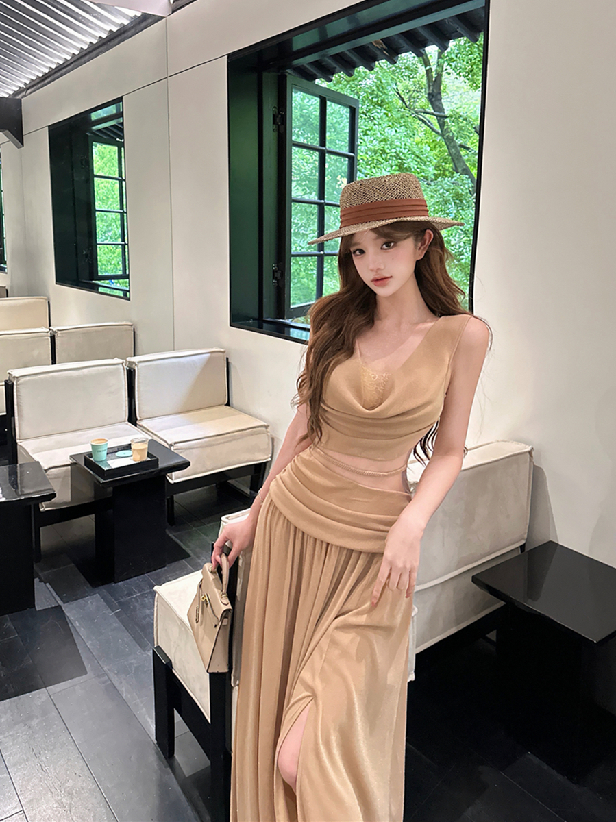 실사 여름 레트로 섹시함 흔들다 칼라 레이스 레이스 홀로우 아웃 패션 드레스 롱 스커트 여성