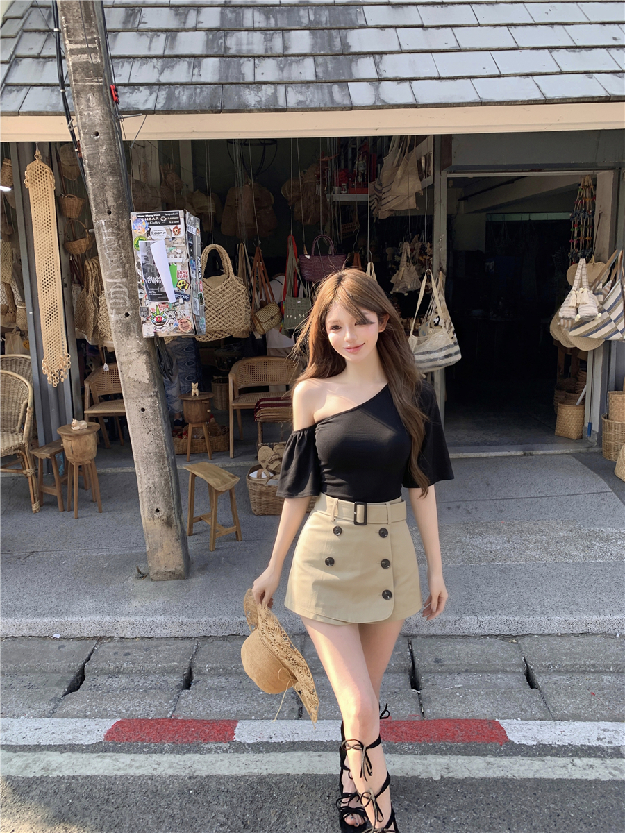 실사 여름 레트로 섹시함 나팔 소매 비스듬한 어깨 티셔츠 맨위 하이웨이스트 진자 슬림해 보이는 반신 바지 세트 여성