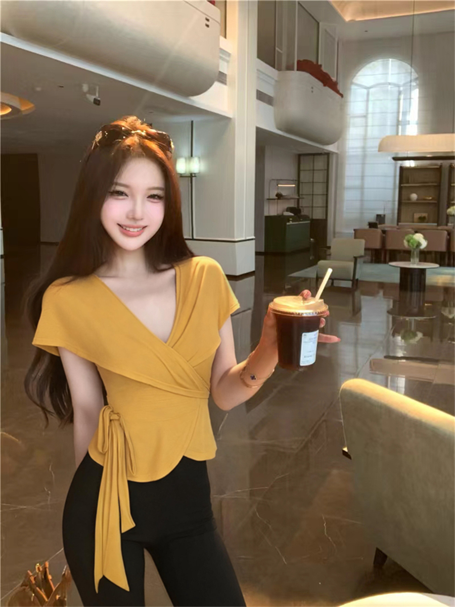 실사 여름 레트로 섹시함 십자가 V넥 스트랩 허리 수축 슬림해 보이는 티셔츠 맨위 여성