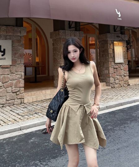 실사 여름 섹시함 아름다운 민소매 조끼 불규칙 셔츠 드레스 페이크 레이어드 치마 여성