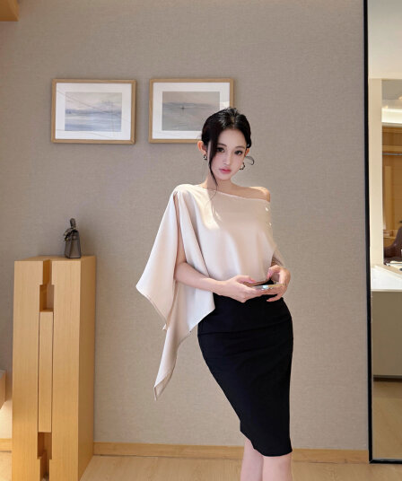 실사 여름 레트로 섹시함 비대칭 비스듬한 어깨 블라우스 맨위 튜브탑 타이트 스커트 트임 반신 치마 세트 여성