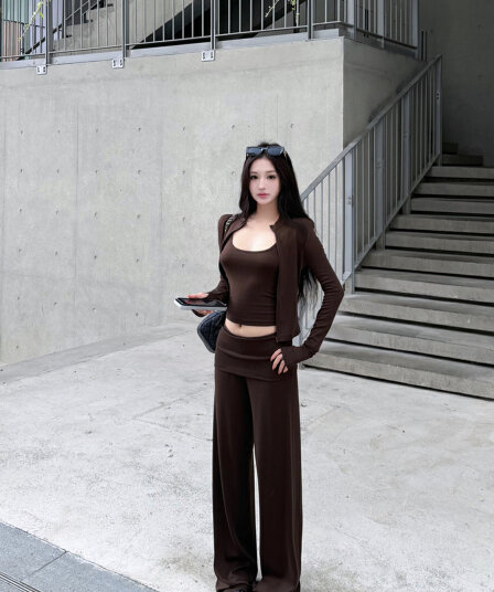 실사 이른 가을 레트로 섹시함 스탠드 칼라 지퍼 오픈 가디건 수 있습니다. 조정 슬립 뒤집다 허리 캐주얼 스트레이트 팬츠 세 조각 여성 세트
