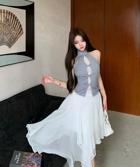 실사 여름 레트로 섹시함 페이크 레이어드 레이스 홀로우 아웃 행침 목 니트 맨위 불규칙 반신 치마 세트 여성