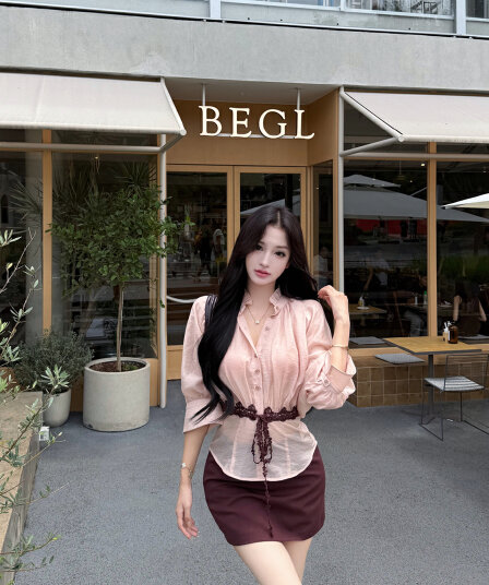실사 이른 가을 레트로 섹시함 작은 스탠드 칼라 허리 수축 슬림해 보이는 스트랩 셔츠 맨위 타이트 스커트 반신 치마바지 세트 여성
