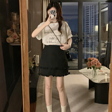 批发实拍大码木耳边短裙女夏高腰拼接设计遮肚半身裙百褶荷叶边A字裙