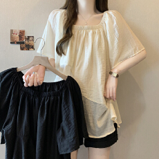 批发宽松<b class='q'>不规则</b>高级感短袖衬衫女夏大码胖mm显瘦遮肚子娃娃衫<b class='q'>雪纺上衣</b>