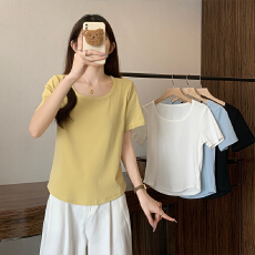 批发实拍精棉210g大码休闲纯色短袖T恤2026夏季<b class='q'>胖</b><b class='q'>MM</b><b class='q'>韩</b>系百搭显瘦上衣