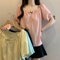 批发实拍大码法式串珠短袖衬衫女装<b class='q'>夏</b>季宽松胖MM洋气减龄显瘦百搭上衣