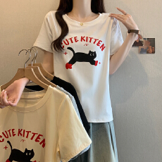 批发实拍精棉210g胖MM大码<b class='q'>夏</b>季新款卡通猫咪印花宽松显瘦上衣短袖T恤