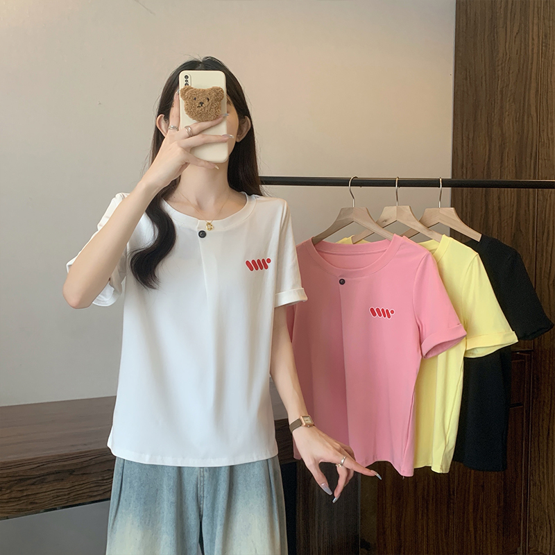 실사 좋은 면 210g 지방 mm 여름 드레스 새로운 빅 사이즈 여성 패션 디자인 센스 프린트 Chic 긍정적 인 어깨 반팔 티셔츠