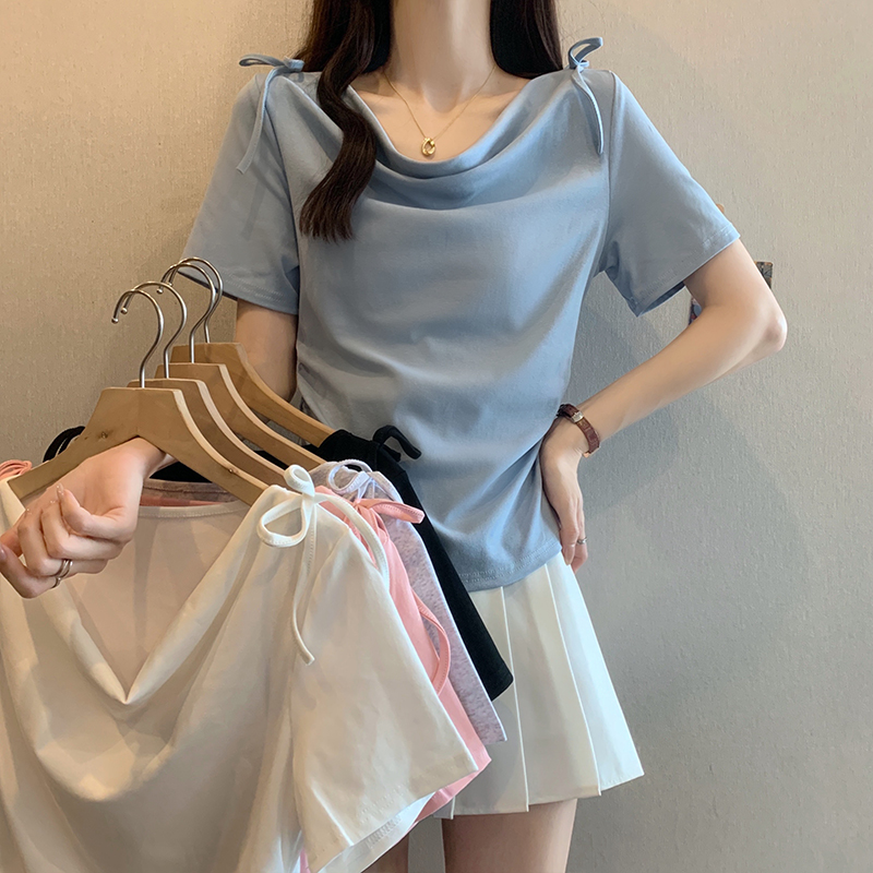 실사 좋은 면 210g 빅 사이즈 지방 mm 흔들다 칼라 반팔 티셔츠 여성 여름 디자인 센스 Chic 아름다운 슬림해 보이는 맨위