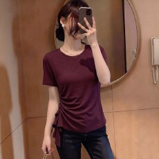 批发精棉210g大码不规则短袖T恤女2026夏季新款设计感收腰<b class='q'>通勤</b>上衣