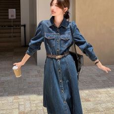 批发有货港味复古蓝色牛仔连衣裙女中长款2025新款收腰显瘦长袖衬衫裙