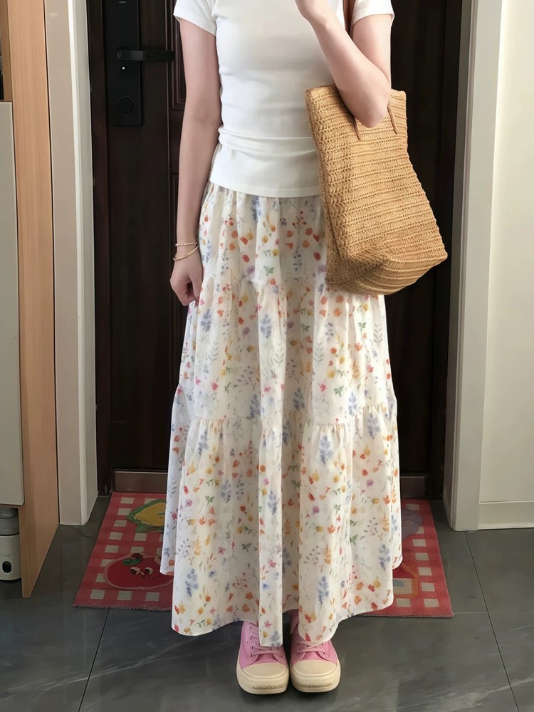 한 부서 꽃무늬 반신 스커트 여성 여름 하이웨이스트 슬림해 보이는 루즈핏 슬림해 보이는 품격 캐주얼 바람 한 마디 큰 진자 치마