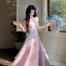 批发新中式改良国风暗纹印花旗袍收腰琉光纱裙2026夏绝美超好看连衣裙