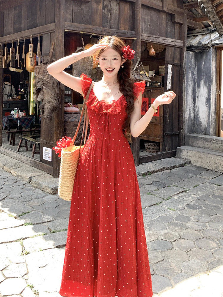 acaine4 28 20 00 95 할인 빨간색 석류 빛 법 도트 무늬 프릴 슬립 드레스