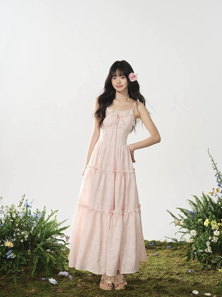 h2an1 studio 丨 맞춤 사쿠라 꽃가루 패치워크 꽃 슬립 드레스 프랑스식 민소매 휴가 롱 스커트
