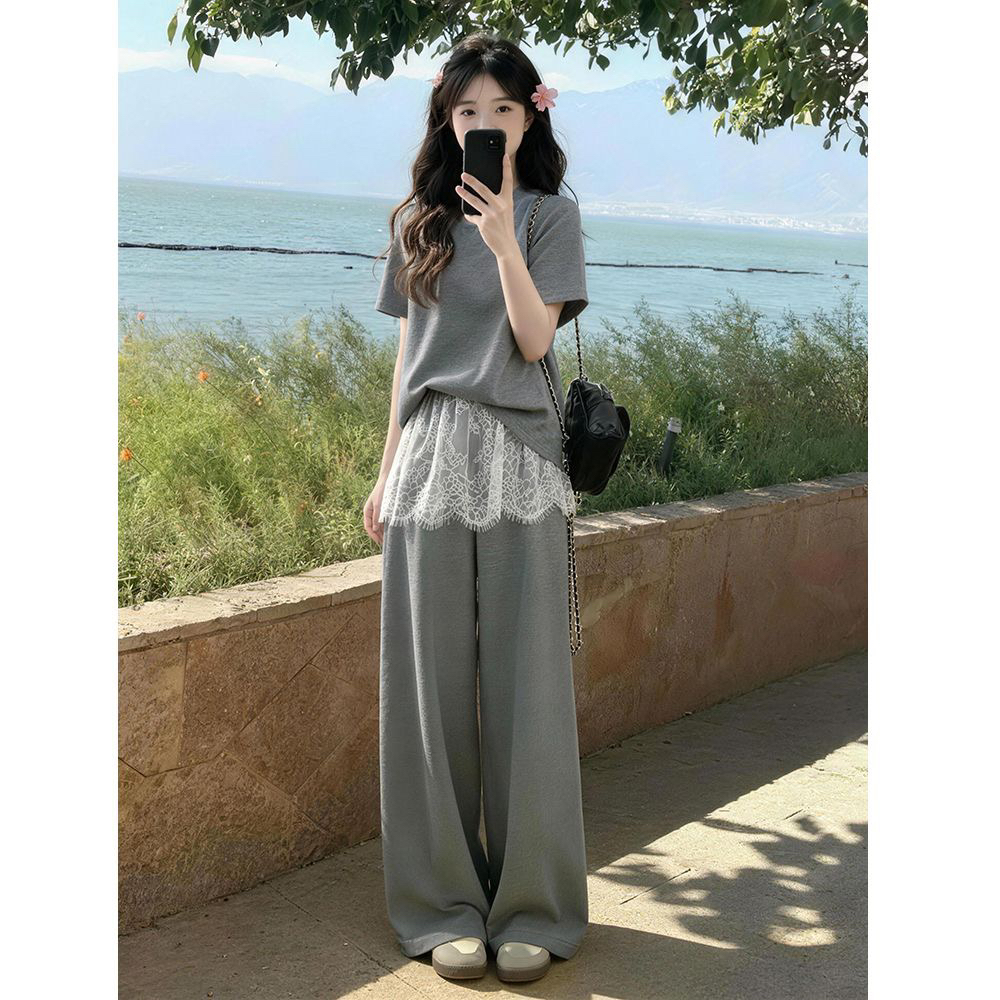 캐주얼 운동 회색 반팔 와이드 레그 팬츠 투피스 슈트 여성 여름 슈퍼 화재 작은 대중 연령 감소 전체 집합 ootd 착용 가져 가라.