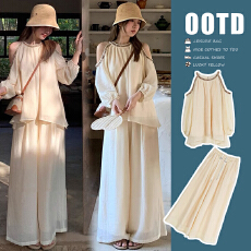 批发现夏上新！度假风孕妇清爽透气露肩上衣+猪鼻阔腿裤套装