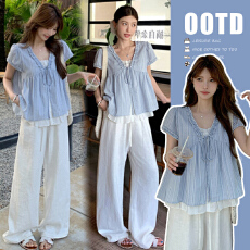 批发现原版质量夏蕾丝拼接甜美木耳边减龄娃娃衫+阔腿长裤套装