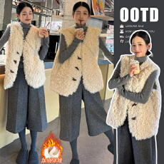 批发<b class='q'>秋</b>冬加厚加绒一体羊羔毛毛马甲+打底衫+毛呢八分阔腿裤套装