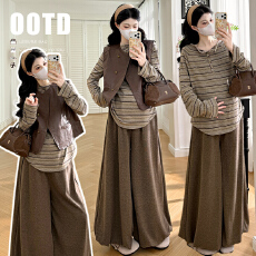 批发春上新！复古PU皮马甲搭针织条纹上衣+高腰灯笼裤三件套装