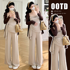 批发早春新款针织舒适慵懒显瘦复古不规则吊带孕妇三件套