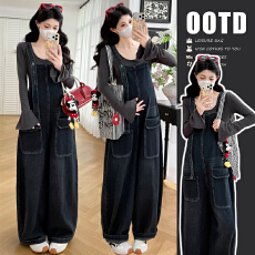 批发春上新！洗水牛仔减龄宽松孕妇背带裤+喇叭袖纯棉上衣