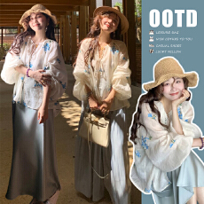 批发新款独特刺绣棉布碎花衬衫上衣+珠光阔腿孕妇裤裙套装