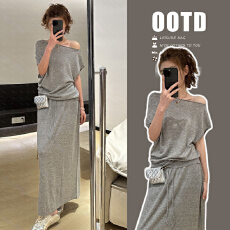 批发新款春夏针织纯棉慵懒风<b class='q'>百搭</b>韩系斜肩上衣+高腰半身裙套装