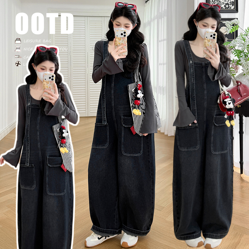 봄 새로운 워시 물 데님 연령 감소 루즈핏 임산부 멜빵 바지 나팔 소매 순면 맨위
