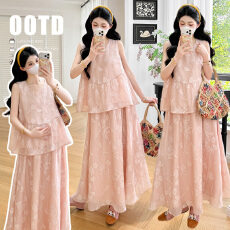 批发实拍现新款春夏洋气刺绣提花背心上衣+高腰半身裙孕妇套装