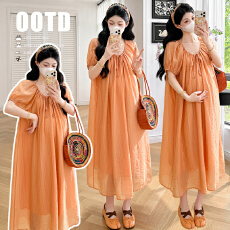 批发实拍现新款夏装橘子汽水V领系带显白泡泡袖气质孕妇<b class='q'>连衣裙</b>