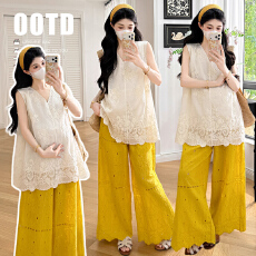批发实拍现夏上新！度假风孕妇蕾丝上衣+猪鼻花边棉布阔腿裤套装