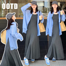 批发新款春夏休闲百搭气质薄款后背开叉衬衣防晒+针织通勤背心裙