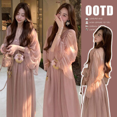 批发新款清冷风气质优雅V领新中式中袖两件套<b class='q'>连衣裙</b>