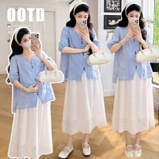 实拍现夏装刺绣泡泡袖V领开叉衬衫+刺绣水溶花边半身裙套装