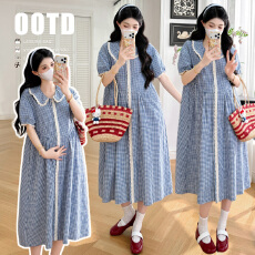 批发实拍现现棉麻短袖宽松气质蓝格孕妇<b class='q'>连衣裙</b>