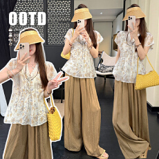 批发新款现夏<b class='q'>装</b>孕妇碎<b class='q'>花印</b>花花边上衣+卡其高腰缎面阔腿套<b class='q'>装</b>
