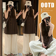 批发现新款重工美拉德条纹复古背心裙上衣+重工蕾丝花边阔腿<b class='q'>裤</b>